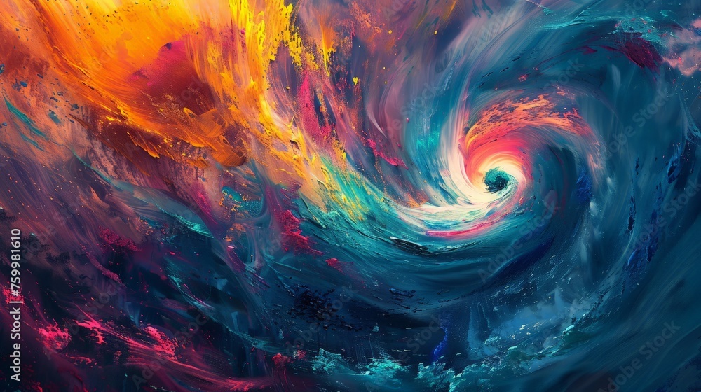 An abstract painting featuring vibrant swirls of colors blending together in a dynamic and visually striking composition. - obrazy, fototapety, plakaty 