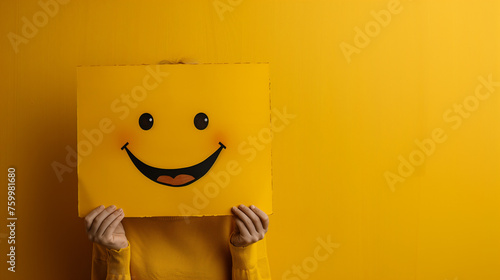 Yellow background and concept of positivity, smiling face, happiness, fun and positive vibes.