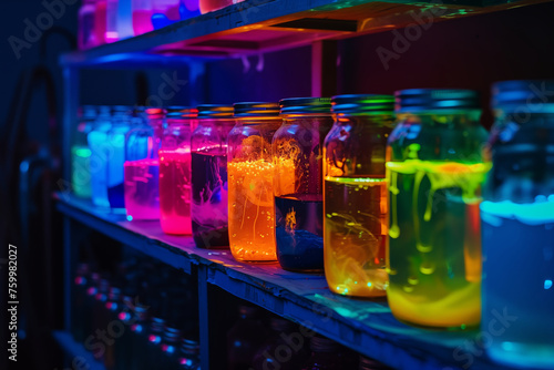 Vibrant vials and test tubes in bustling microbiological lab with research equipment