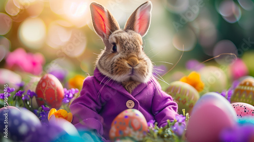 Fashion-forward bunny celebrating Easter among painted eggs. © Anna