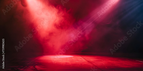 Mysterious stage with a single red spotlight, casting dramatic light through hazy mist 