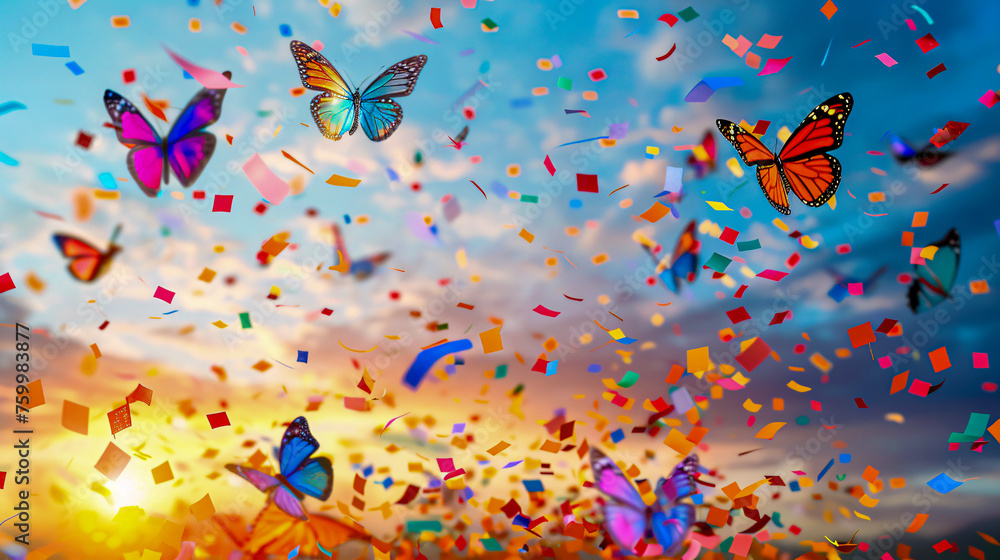 Summer Sky with Colorful Butterflies, Celebratory Concept of Freedom and Natures Beauty