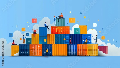 Containerization with Docker and Kubernetes, containerization with Docker and Kubernetes with an image featuring developers containerizing applications, AI photo