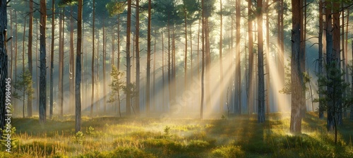 Tranquil forest glade with sunlight filtering for ideal text placement in serene setting