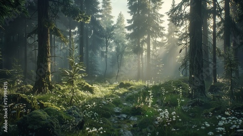 Sunlit forest clearing for optimal text placement in tranquil natural environment