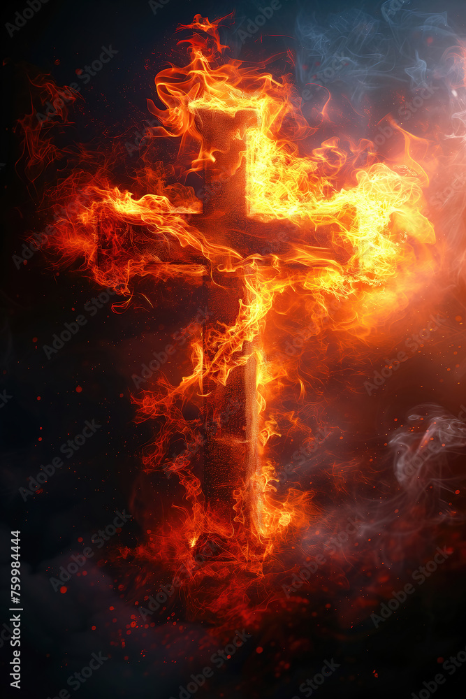 Fototapeta premium A burning cross, a wooden cross in flames with outpouring of the Holy Spirit. Christian illustration.