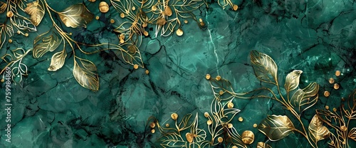 Luxury background with golden line art leaves on emerald green marble texture. AI generated illustration © Or