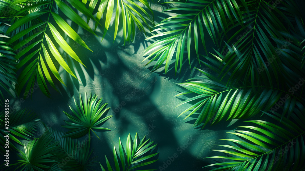 A lush green forest with leaves and a shadow on the ground