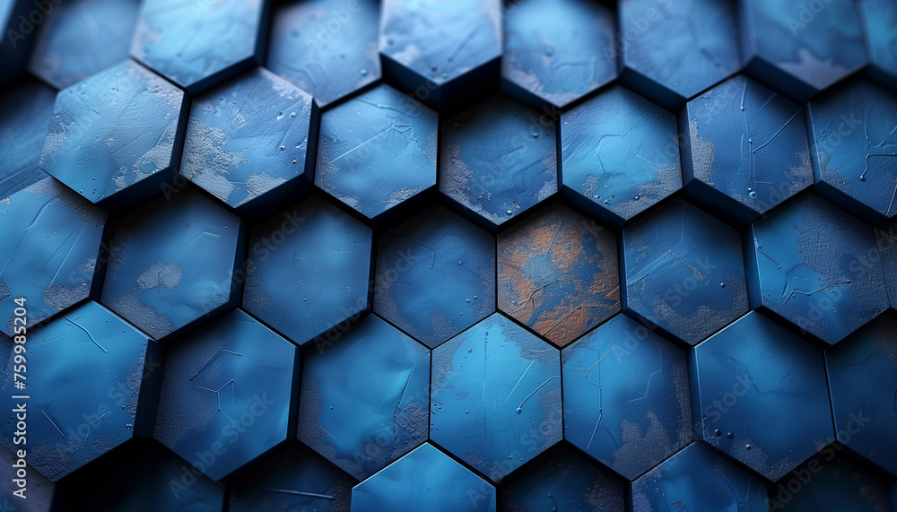 minimalistic abstract backdrop with a tessellation of hexagons, fading from cobalt to sky blue.  - obrazy, fototapety, plakaty 