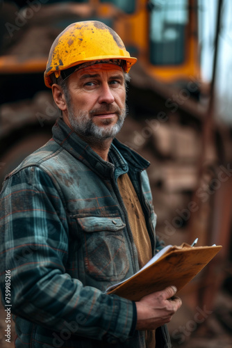 Experienced Construction Foreman Overseeing Site with Clipboard