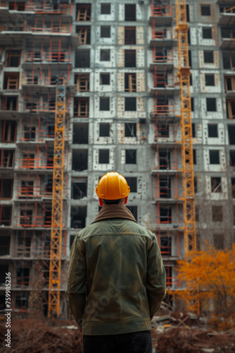 Construction Worker Overlooking a High-Rise Building Site