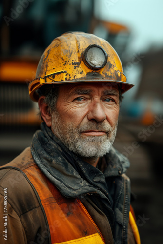 Experienced Miner with Helmet and Headlamp Outdoors