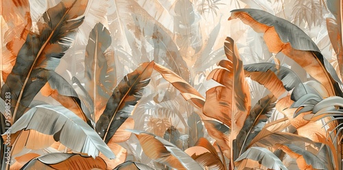 3D wallpaper, banana leaves in the jungle, brown and gray tones, detailed foliage in the background. AI generated illustration photo