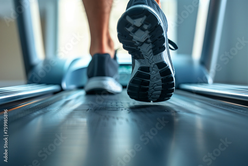 Active running workout in a fitness center. Close-up of legs in sneakers, girl athlete doing sports on a treadmill.