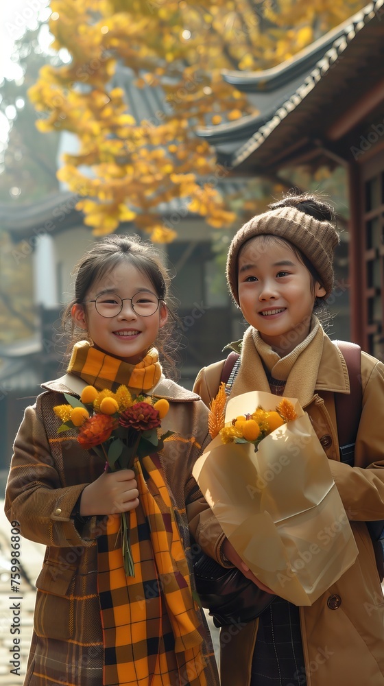 smiling girl in glasses and a pigtail with a bouquet of flowers stands against the background of blurry figures in the school yard. Concept: academic year and friendship. children's adaptation 
