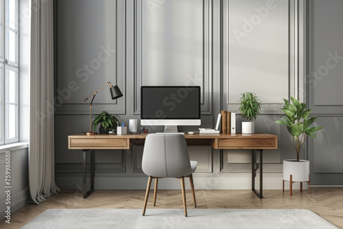Modern Home Office Interior with Elegant Wooden Desk and Minimalist Decor