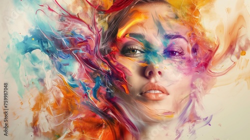An artistic portrayal of a girl model surrounded by swirling watercolor strokes on a clean, colorful canvas.