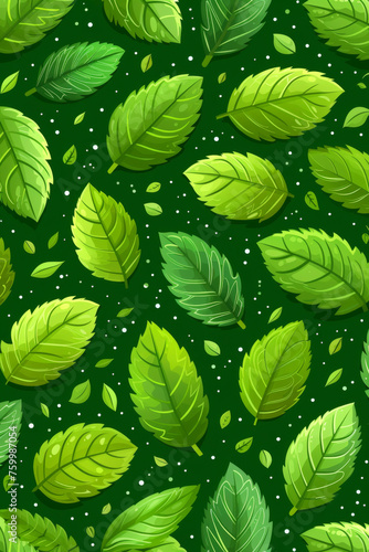 Fresh Spring Green Leaves Pattern on Dark Background