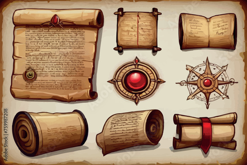 Set of Vintage paper, books, scrolls. Illustration in the style of the sketch. Vector isolated on a white background.
