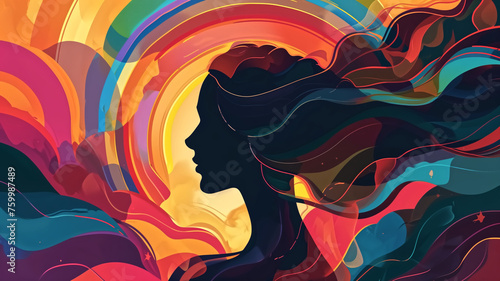 Abstract digital art featuring a woman s profile enveloped in a swirl of vibrant  flowing colors  evoking emotion and movement. 