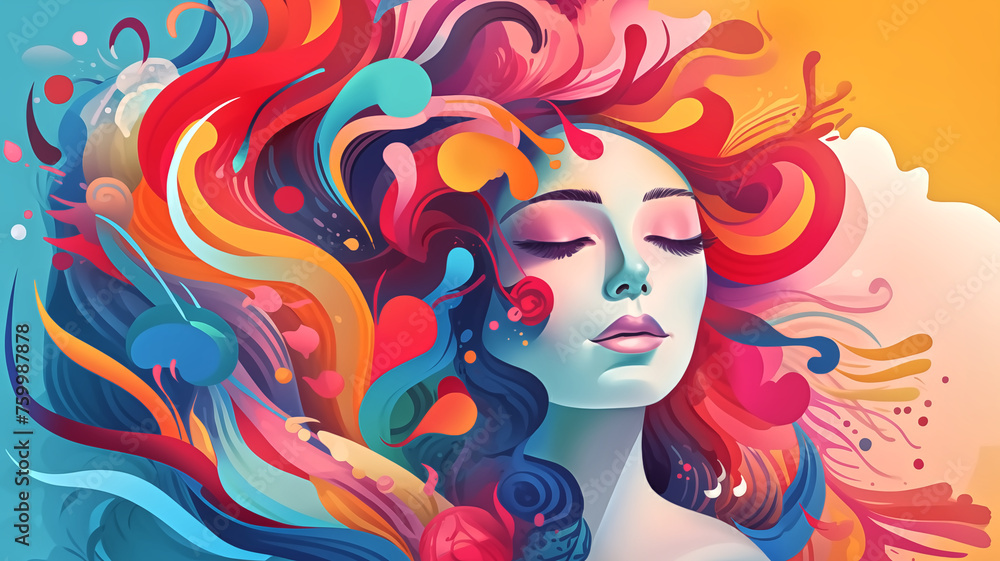 Digital art piece featuring a woman in a surreal state, her hair flowing in vibrant, abstract colors that symbolize creativity and imagination.
