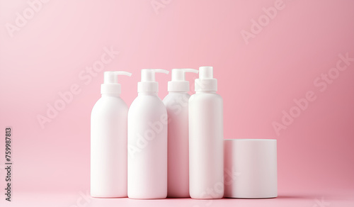 a mockup featuring white cosmetic bottles displayed against a soft pink background. these bottles contain shampoo, conditioner, and shower gel. the mockup provides ample space to add text or branding 