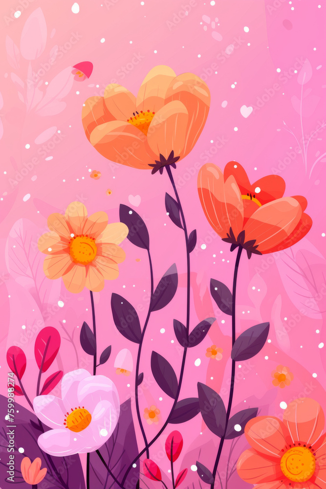 Vibrant Floral Illustration with Pink Background