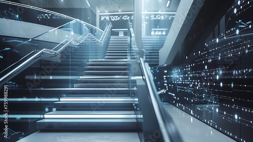 A futuristic office staircase with embedded sensors and AI-assisted safety features for seamless vertical navigation photo