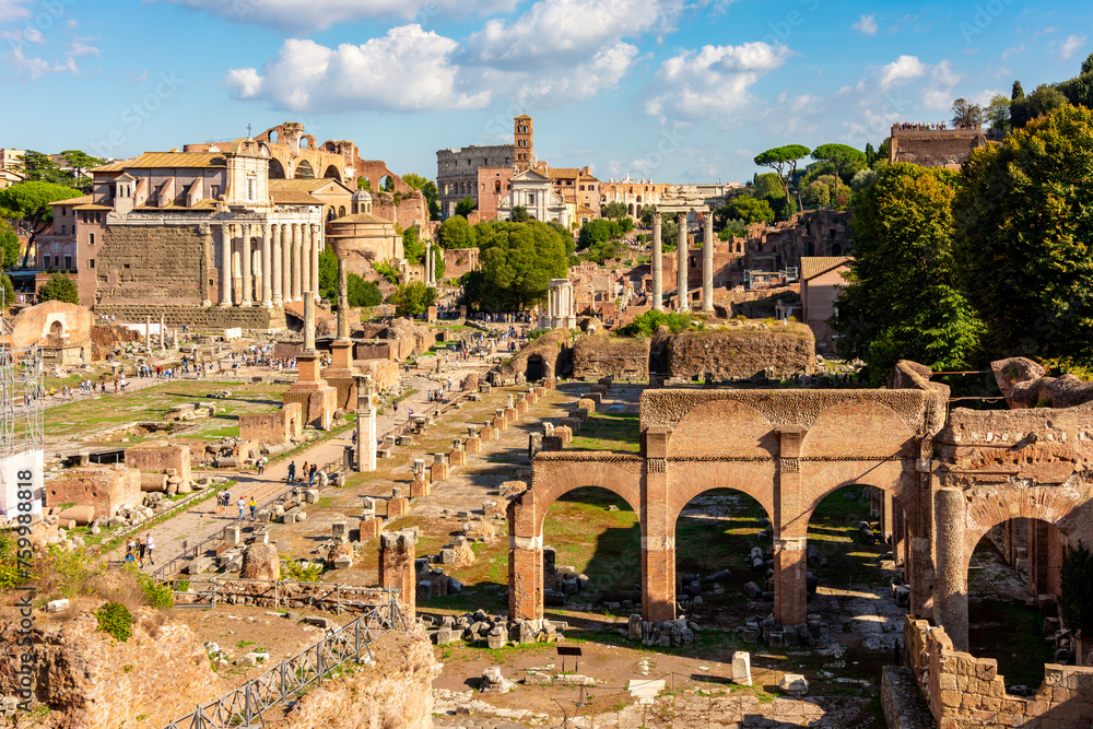 Ruins of Roman Forum in center of Rome, Italy