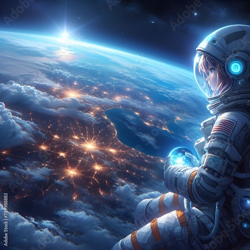A fearless astronaut in a spacesuit watches the planet earth from outer space while sitting on a spaceship. Space concept.