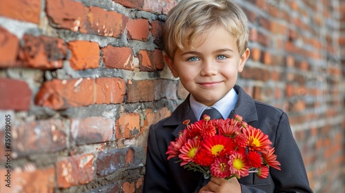 A boy in a school uniform against a background of a wall with a floral pattern. happiness and spontaneity.
Concept: educational resources, school photography, beginning of the school year photo