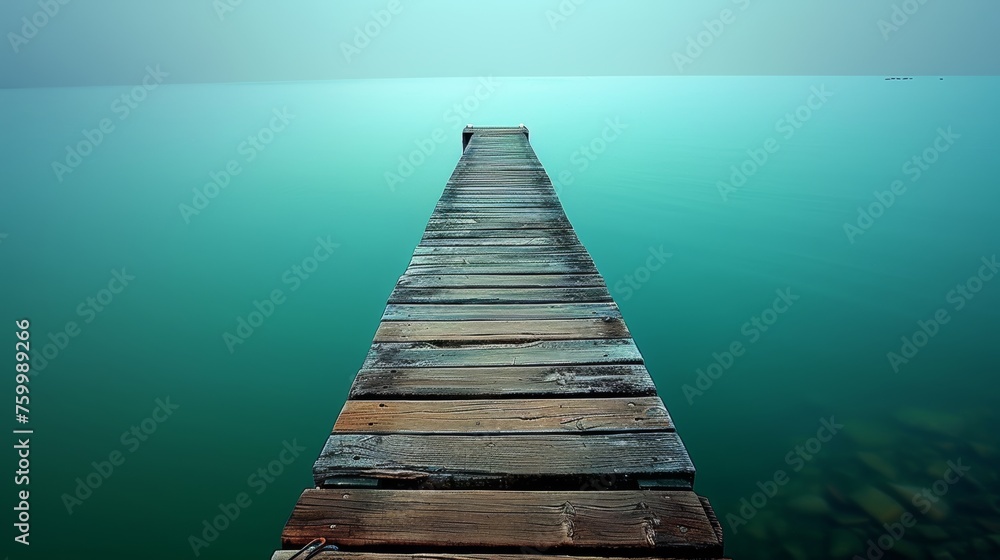 Fototapeta premium Tranquil wooden pier extending over calm waters, ideal for text placement in serene settings