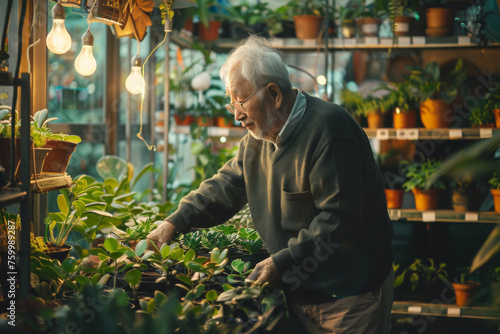 Senior Man Tenderly Caring for Plants in a Warm Greenhouse