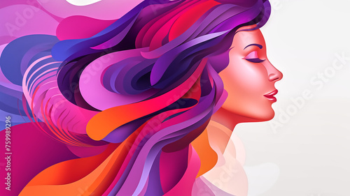A striking abstract portrait of a woman, her profile accentuated by bold, flowing colors and shapes that convey a sense of dynamic beauty and confidence.
