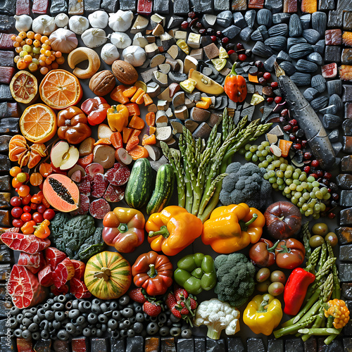 Colorful Mosaic of Fresh Vegetables and Fruits