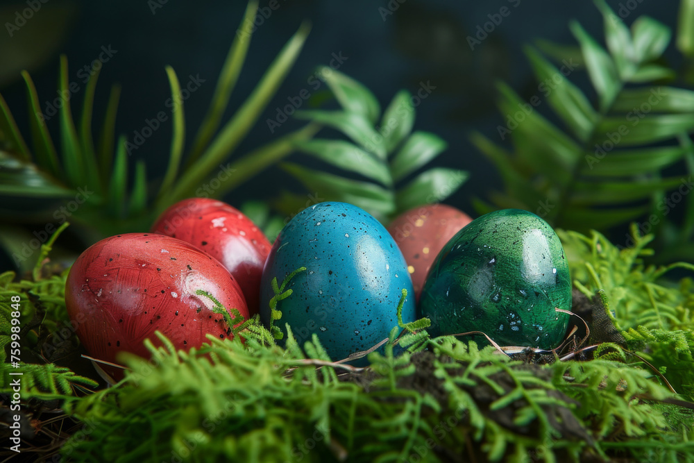 Colorful Easter Eggs Nestled in Lush Greenery Colorful Easter Eggs Nestled in Lush Greenery