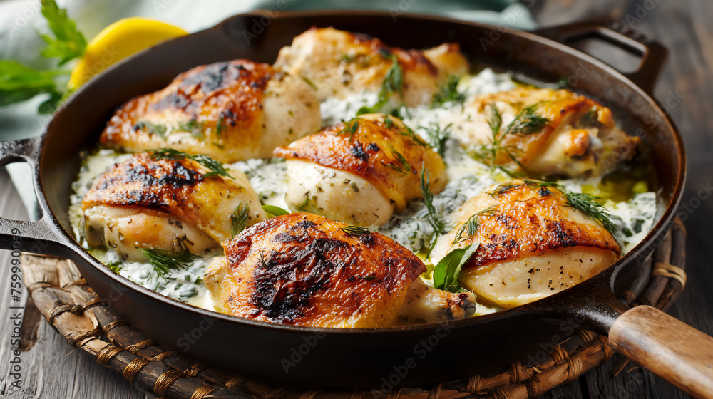 Perfectly seared chicken breasts nestled in a creamy dill sauce, served in a cast iron skillet, garnished with fresh herbs