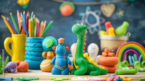 Playful scene of handcrafted playdough creatures with a backdrop of school supplies and a chalkboard with drawings © kaitong1006