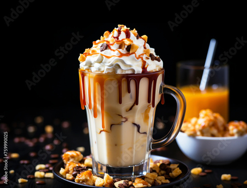 Ice cream with whipped cream and caramel on a Black background