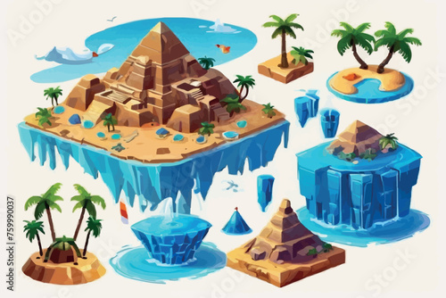 Game island, vector isometric 3D floating land, jungle palm, Egypt desert pyramid, UI environment. Flying platform concept, summer tropical scene stone surface, water. Exotic nature game island kit