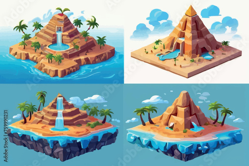 Game island, vector isometric 3D floating land, jungle palm, Egypt desert pyramid, UI environment. Flying platform concept, summer tropical scene stone surface, water. Exotic nature game island kit