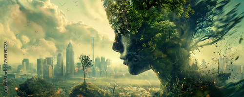Stunning concept art portraying the fusion of a green, natural environment with the bustling energy of urban city life