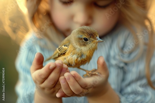 A young girl carefully cradles a small bird in her hands, demonstrating care and gentleness towards the fragile creature © pham