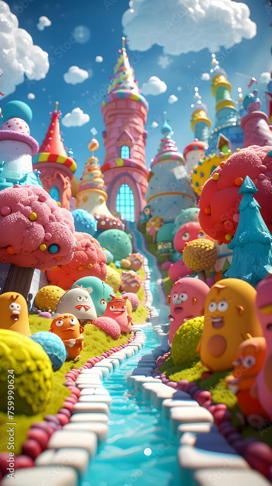 Fantasy Candy Land with Playful Characters