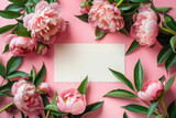 Elegant Pink Peonies Frame with Blank Card on Pastel Background