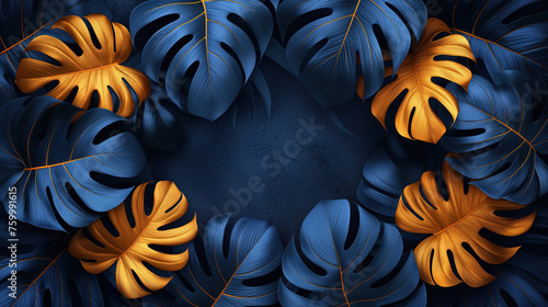 Blue and Gold Leaves on a Dark Blue Background
