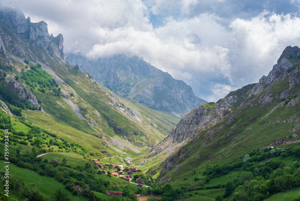 Texu winter shelters in Sotres, council of Cabrales, set of cabins or shelters to store livestock in winter, Picos de Europa, Asturias.