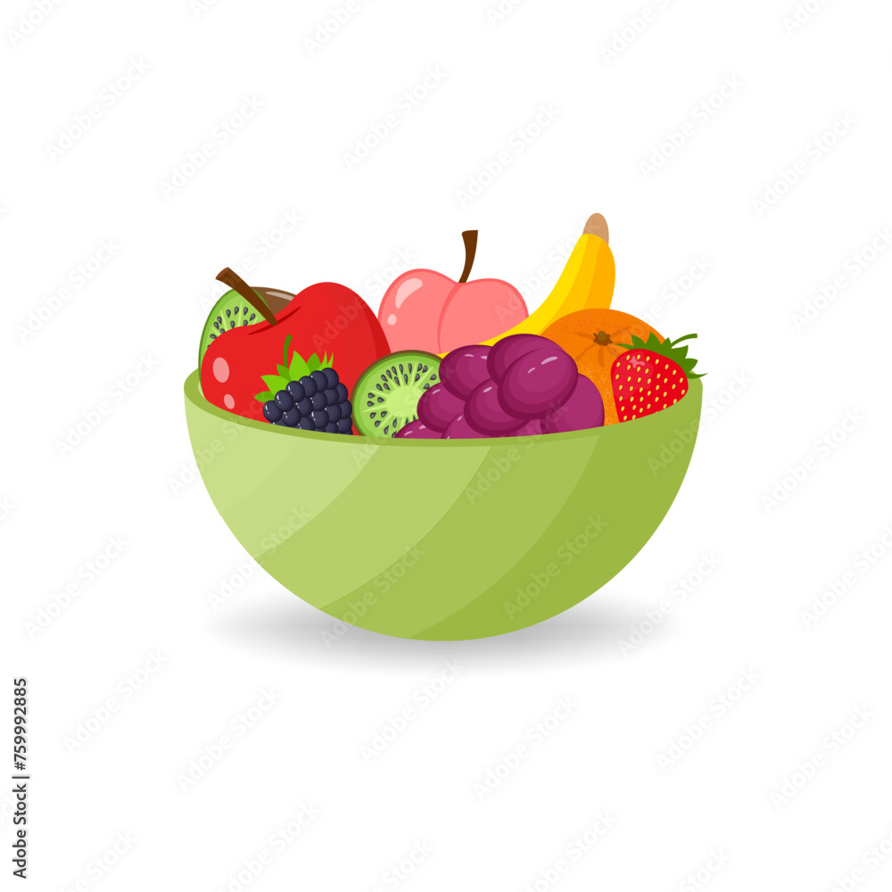 Fresh fruit salad in green bowl isolated on white background. Healthy eating concept. Vector illustration in flat design