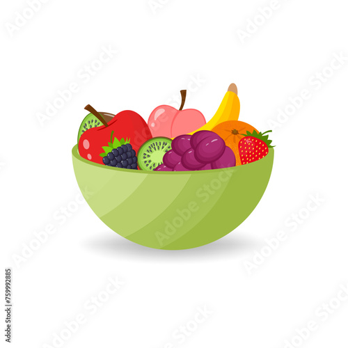 Obraz na płótnie Fresh fruit salad in green bowl isolated on white background. Healthy eating concept. Vector illustration in flat design w salonie