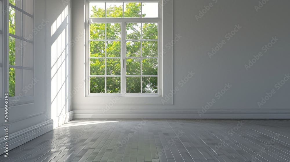Empty white room with window and parquet floor Empty white room with window and parquet floor